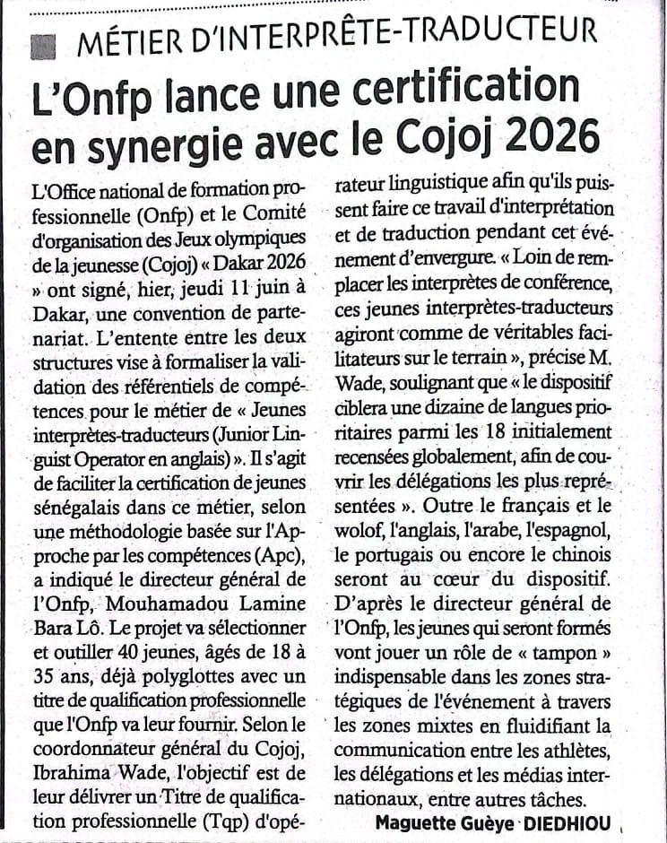 PARTENARIAT, ONFP-JOJ DAKAR 2026 